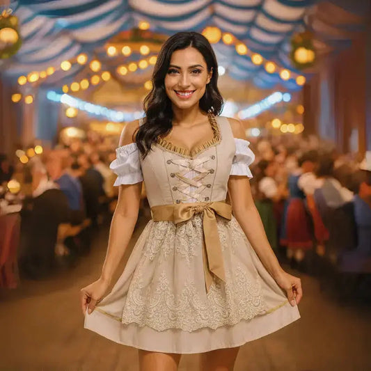 Donna sorridente in abito tradizionale bavarese Dirndl beige, con sfondo di festa Oktoberfest, luci soffuse e atmosfera festosa.