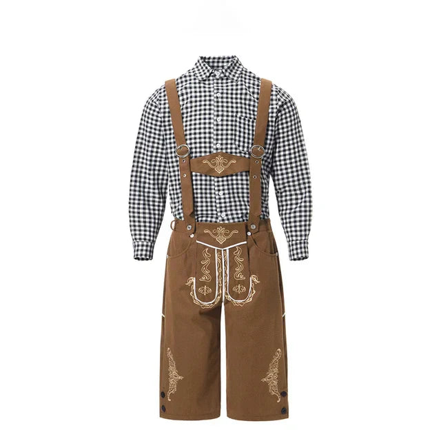 Abbigliamento tradizionale bavarese: camicia a quadri bianca e nera con lederhosen marroni ricamati, perfetto per Oktoberfest e feste folcloristiche.