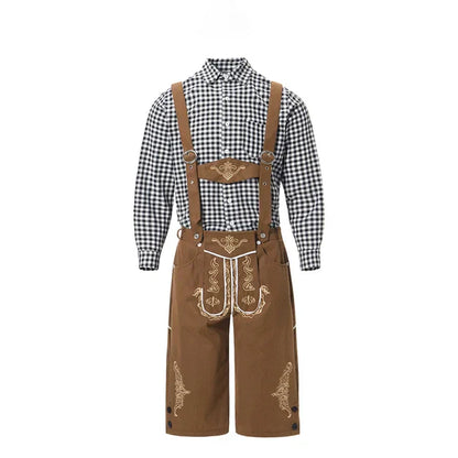 Abbigliamento tradizionale bavarese: camicia a quadri bianca e nera con lederhosen marroni ricamati, perfetto per Oktoberfest e feste folcloristiche.