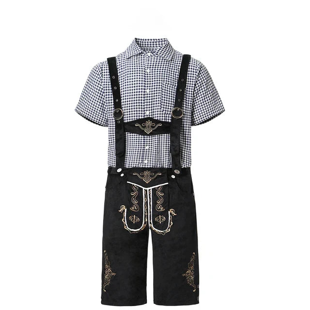 Abbigliamento tradizionale bavarese per bambini: camicia a quadri blu e bianca con pantaloni corti in pelle nera ricamata, stile Lederhosen.