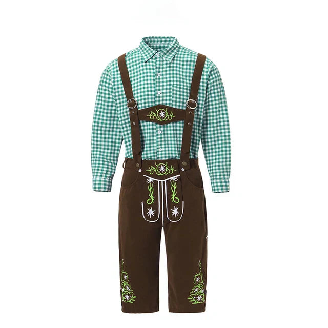 Abito tradizionale bavarese per uomo con camicia a quadri verde e pantaloni in pelle marrone con bretelle e ricami floreali.