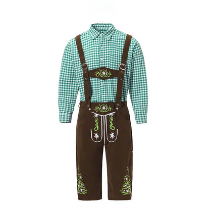 Abito tradizionale bavarese per uomo con camicia a quadri verde e pantaloni in pelle marrone con bretelle e ricami floreali.