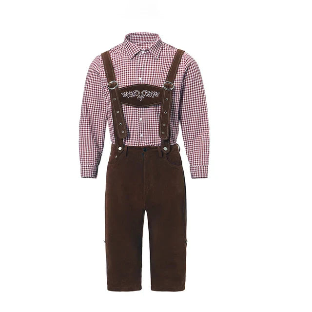 Abito tradizionale bavarese: camicia a quadri rossi e bianchi con lederhosen marroni ricamati. Abbigliamento Oktoberfest uomo.