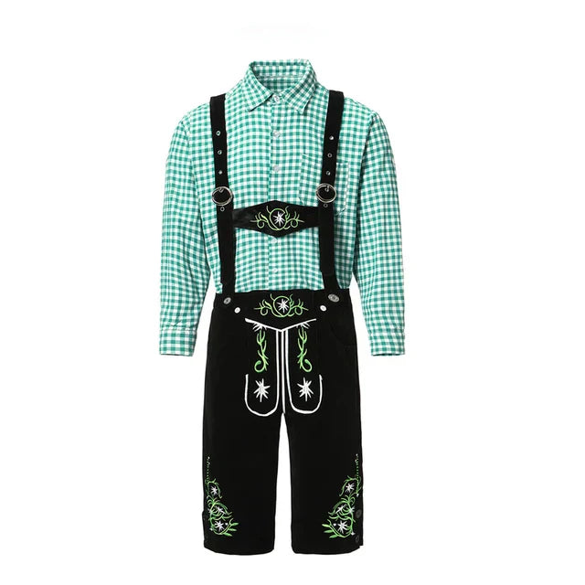 Abbigliamento tradizionale bavarese: camicia a quadri verde e bianca con lederhosen neri ricamati. Costume Oktoberfest uomo.