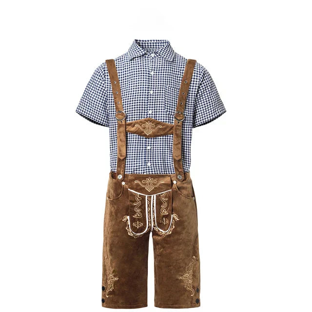 Abito tradizionale bavarese per bambini, composto da camicia a quadri blu e bianchi e pantaloni in pelle marrone con bretelle e ricami decorativi.