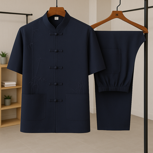 Men's Traditional Summer Set with Bamboo Embroidery and Knotted Closure