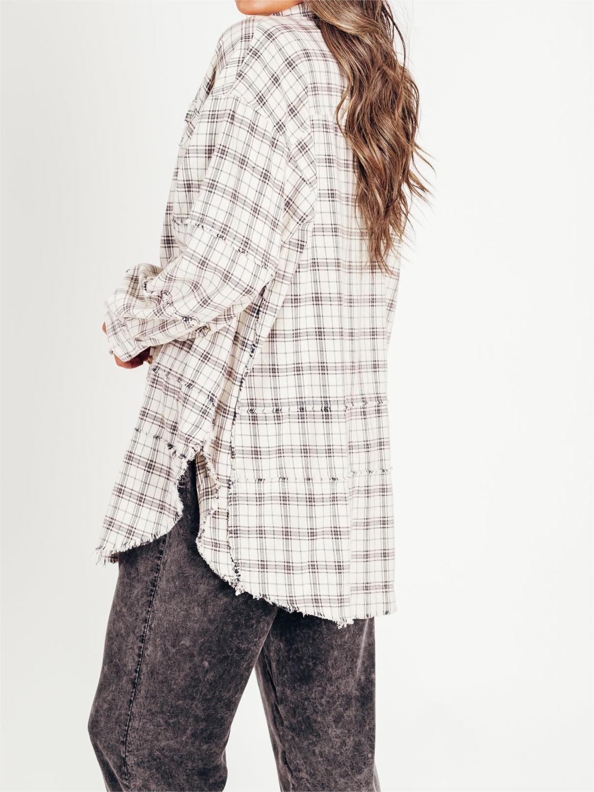 Dame Skjorte Ternet Knapper Mineralvask Lang Oversize Lomme