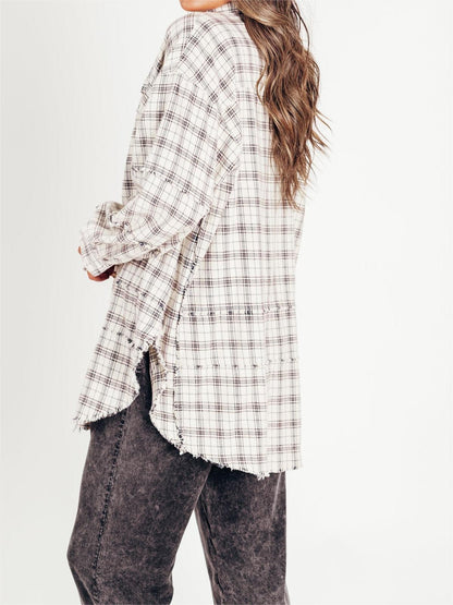 Dame Skjorte Ternet Knapper Mineralvask Lang Oversize Lomme