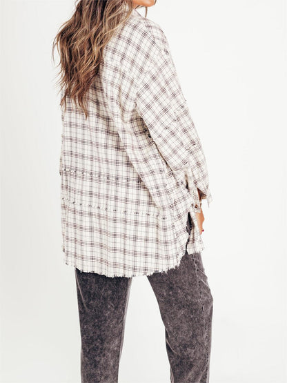 Dame Skjorte Ternet Knapper Mineralvask Lang Oversize Lomme