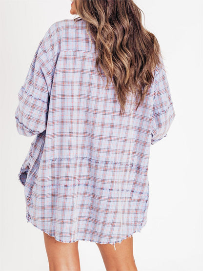 Dame Skjorte Ternet Knapper Mineralvask Lang Oversize Lomme