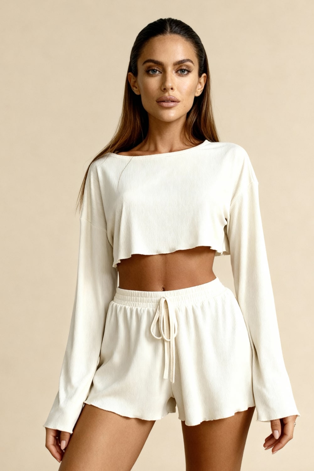 Women's Ribbed Knit Style Pajama Set with Long Sleeve Crop Top and Elastic Waist Shorts