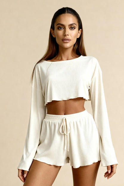 Women's Ribbed Knit Style Pajama Set with Long Sleeve Crop Top and Elastic Waist Shorts