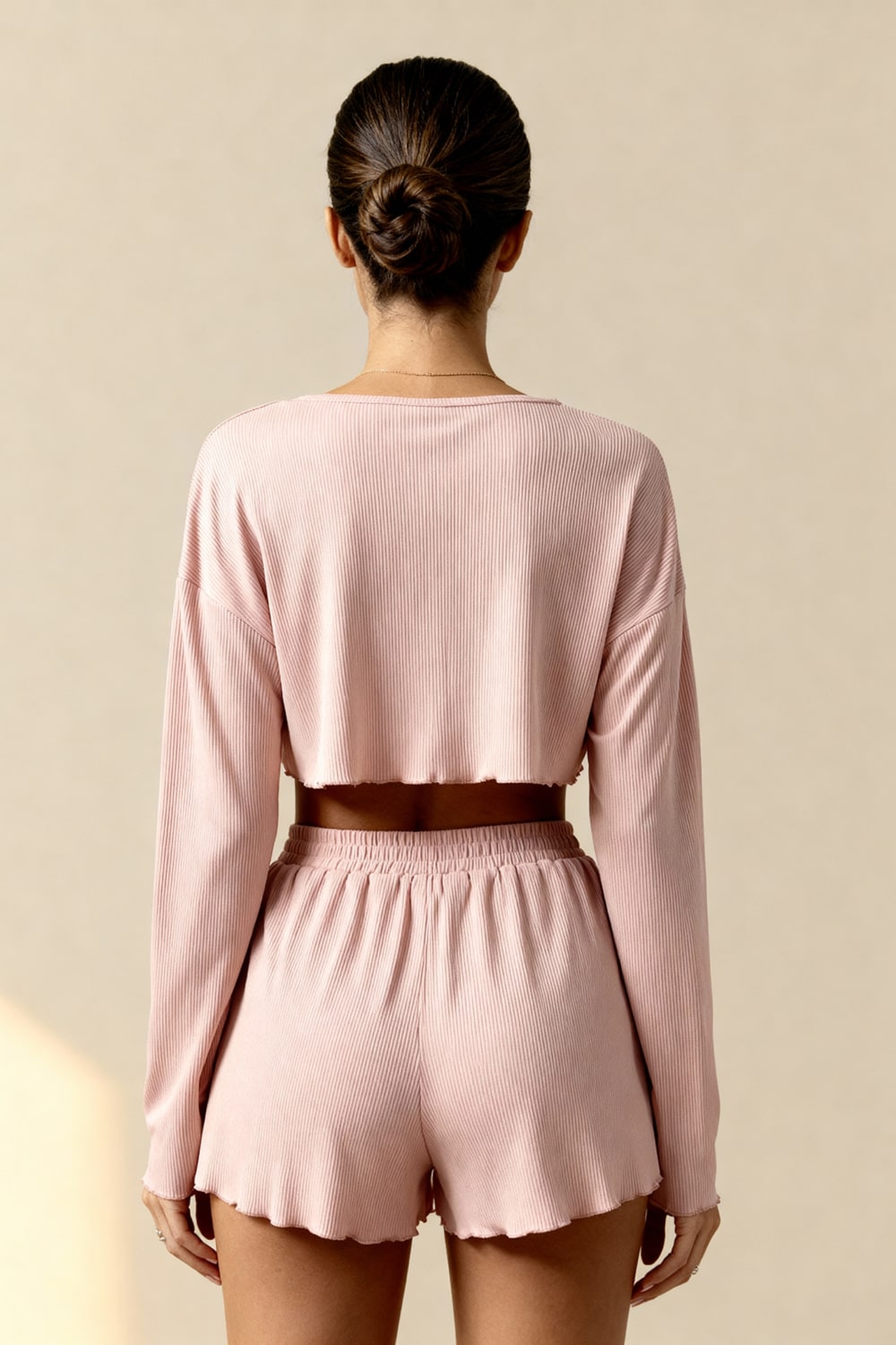 Women's Ribbed Knit Style Pajama Set with Long Sleeve Crop Top and Elastic Waist Shorts