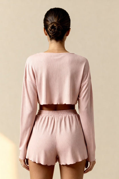 Women's Ribbed Knit Style Pajama Set with Long Sleeve Crop Top and Elastic Waist Shorts