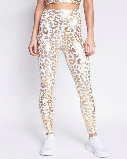 Leggings Donna a Vita Alta con Stampa Leopardata Metallizzata – Stile Sportivo