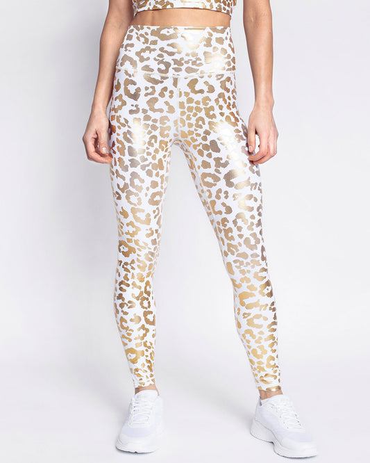 Dameleggings med høj talje og metallisk leopardprint – sportstil