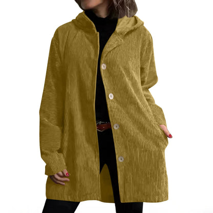 Women's Autumn Corduroy Jacket with Hood and Pockets – Solid Color