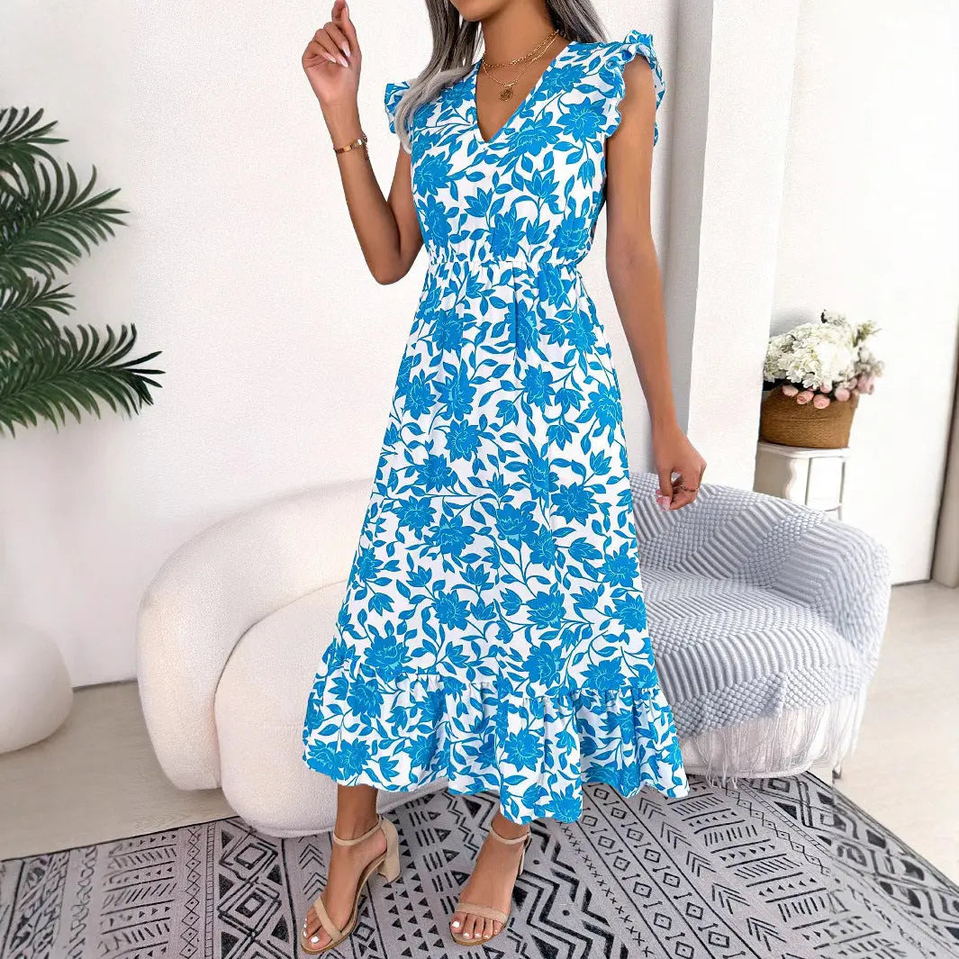 Women's Summer Midi Dress with V-Neck, Ruffled Sleeves, and Floral Pattern – Elegant and Versatile