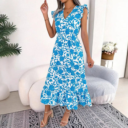 Women's Summer Midi Dress with V-Neck, Ruffled Sleeves, and Floral Pattern – Elegant and Versatile