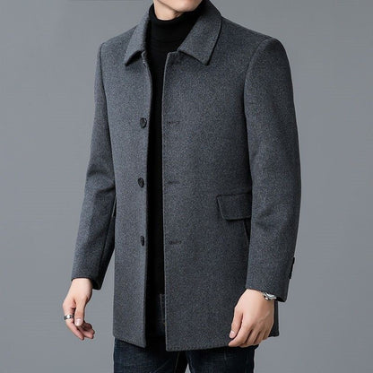 Men's Mid-Length Coat with Notched Collar, Double-Face Design, and Straight Hem