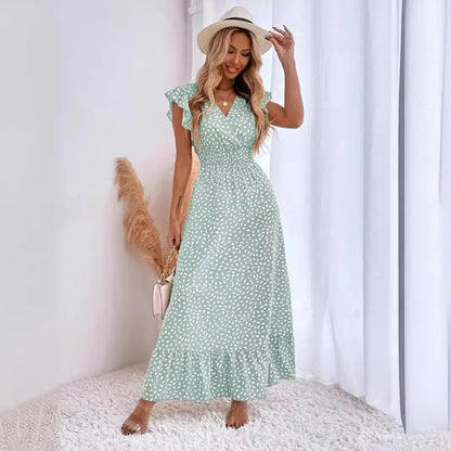 Women's Summer Midi Dress with Polka Dots, V-Neck, Ruffled Sleeves, and Tiered Skirt – Elegant and Versatile