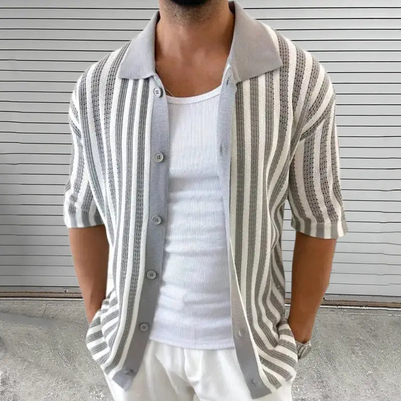 Men’s Striped Knit Shirt with Buttons and Short Sleeves