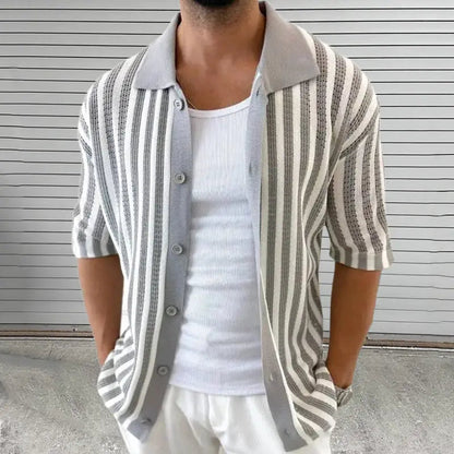 Men’s Striped Knit Shirt with Buttons and Short Sleeves