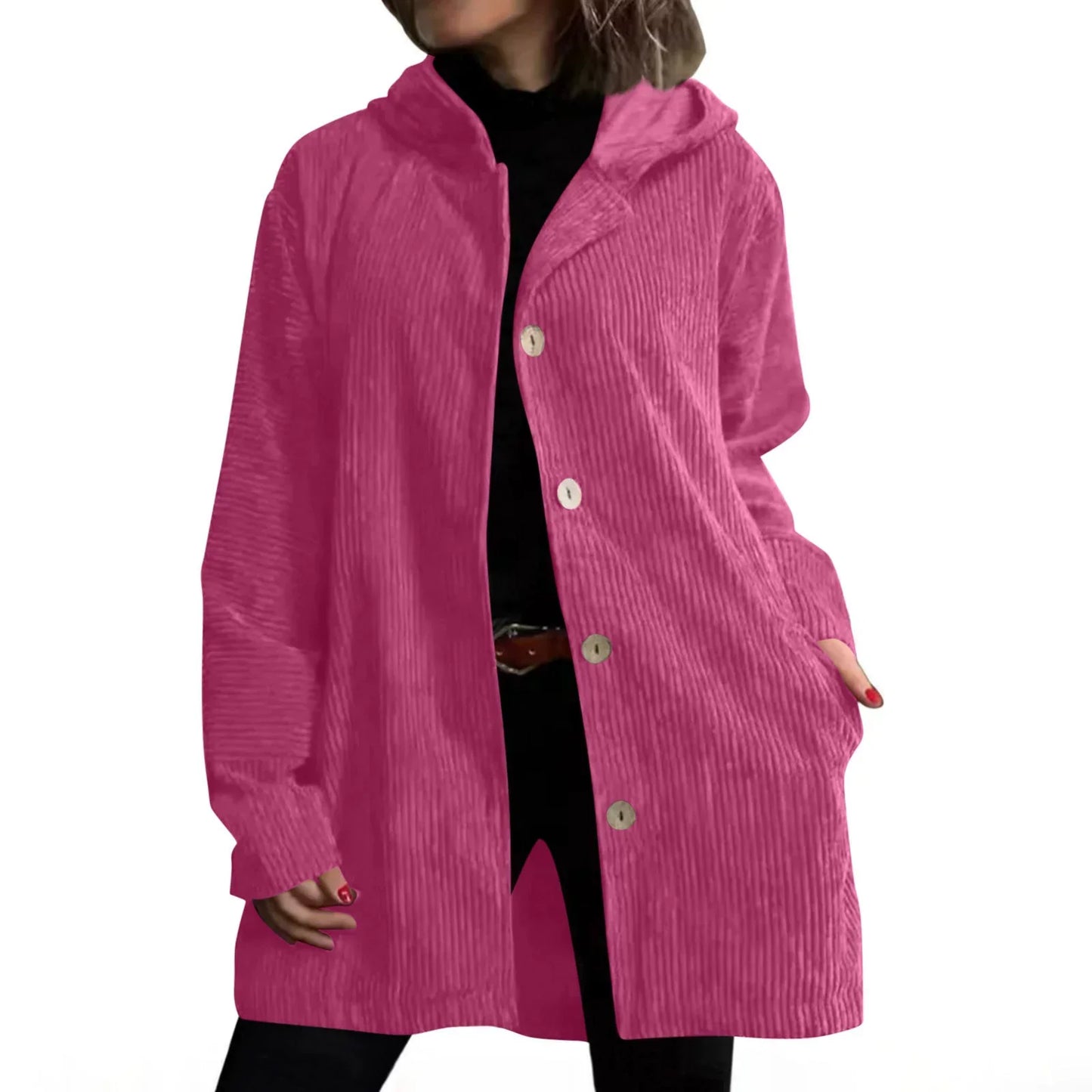 Women's Autumn Corduroy Jacket with Hood and Pockets – Solid Color
