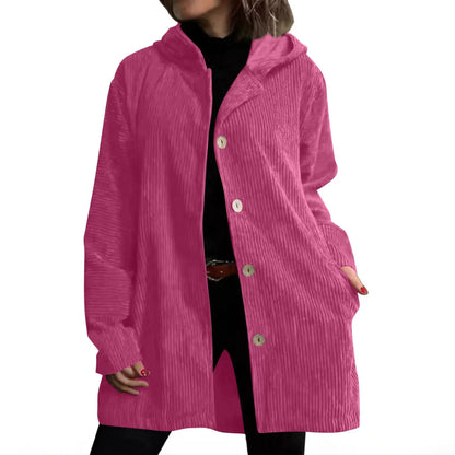 Women's Autumn Corduroy Jacket with Hood and Pockets – Solid Color