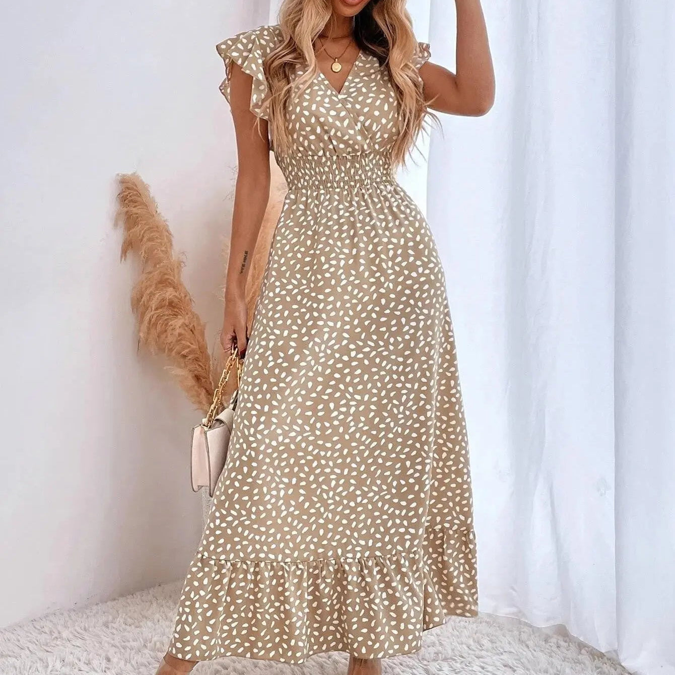 Women's Summer Midi Dress with Polka Dots, V-Neck, Ruffled Sleeves, and Tiered Skirt – Elegant and Versatile