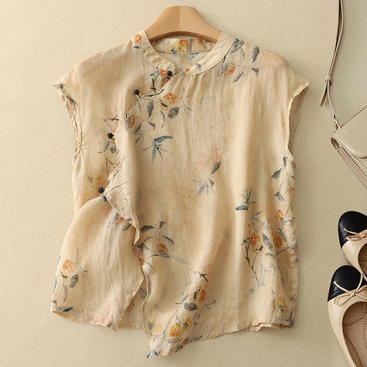 Women's Blouse with Korean Collar, Floral Print, Side Buttons
