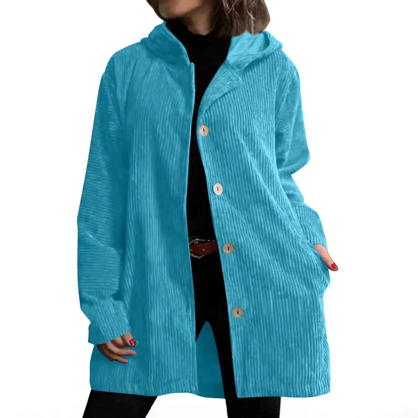 Women's Autumn Corduroy Jacket with Hood and Pockets – Solid Color