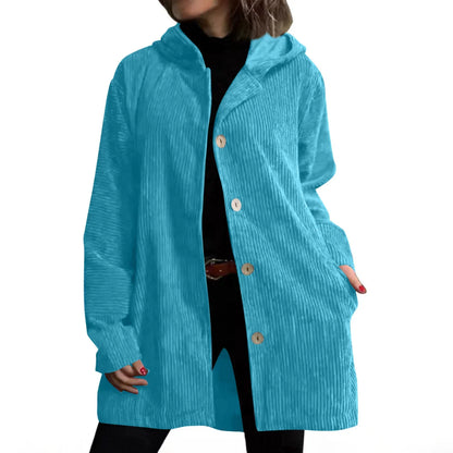 Women's Autumn Corduroy Jacket with Hood and Pockets – Solid Color