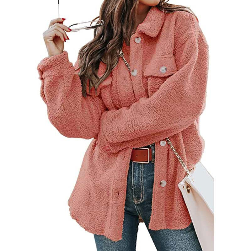 Women's Long Winter Coat in Teddy with Polo Collar and Front Pockets