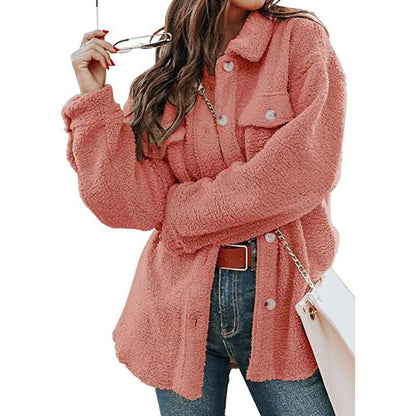 Women's Long Winter Coat in Teddy with Polo Collar and Front Pockets