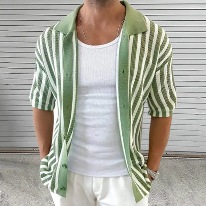 Men’s Striped Knit Shirt with Buttons and Short Sleeves