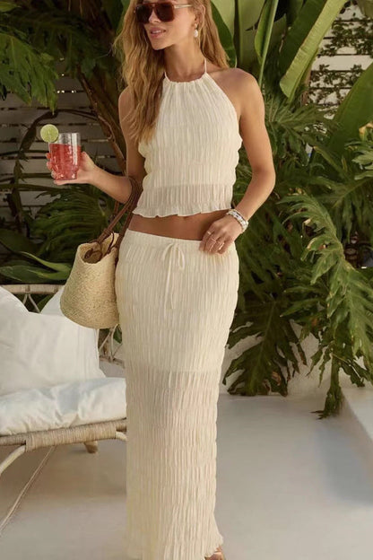 Women's Summer Two-Piece Set with Halter Top and Coordinated Skirt