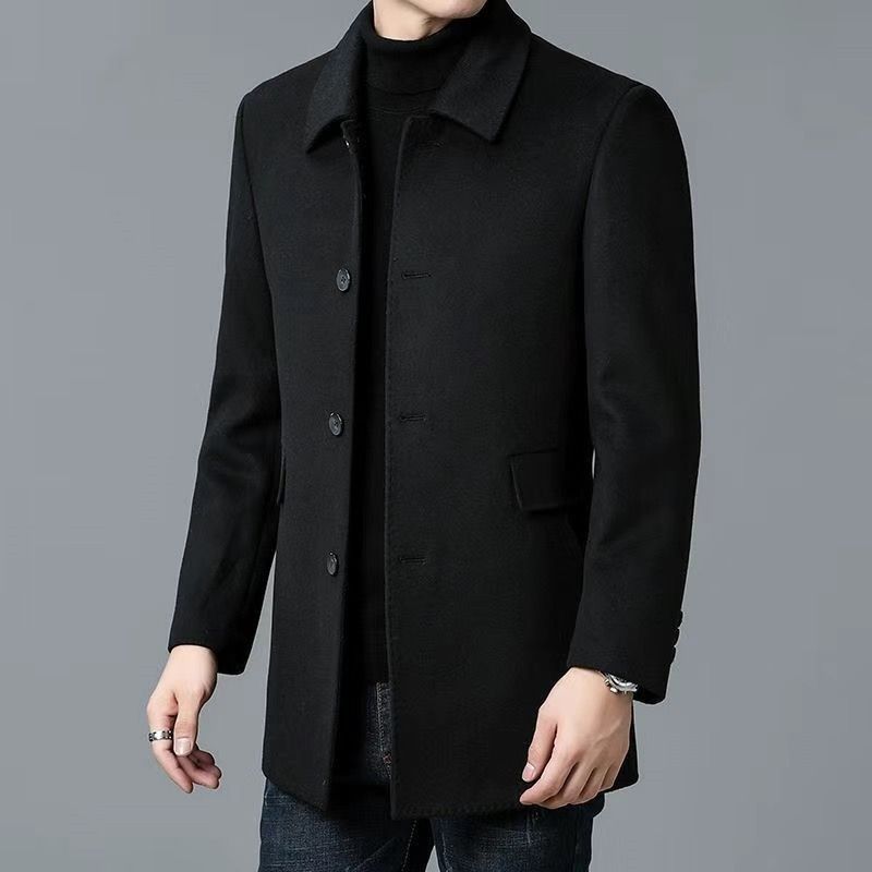 Men's Mid-Length Coat with Notched Collar, Double-Face Design, and Straight Hem