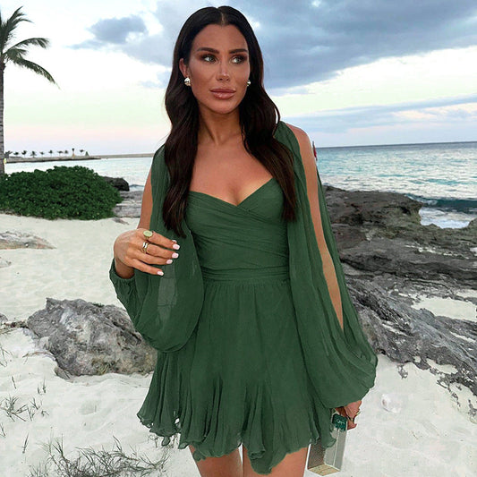 Women's Long-Sleeve Summer Dress with Structured Waist and Flared Skirt