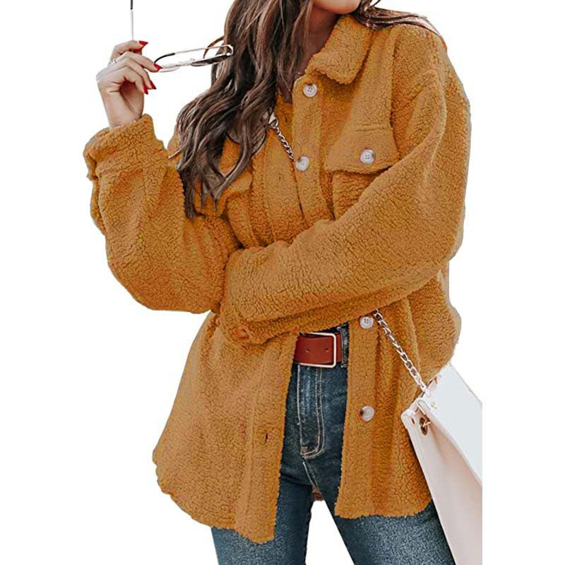 Women's Long Winter Coat in Teddy with Polo Collar and Front Pockets