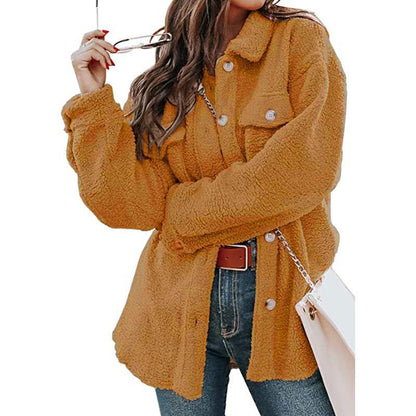 Women's Long Winter Coat in Teddy with Polo Collar and Front Pockets