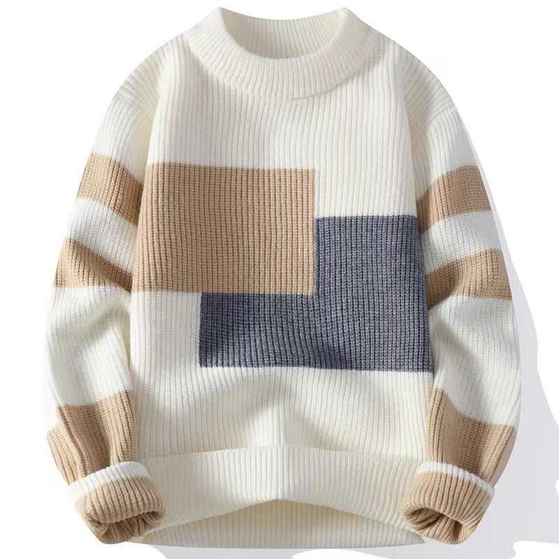 Men's Autumn Sweater in Knit with Block Patchwork and Crew Neck – Knit Style
