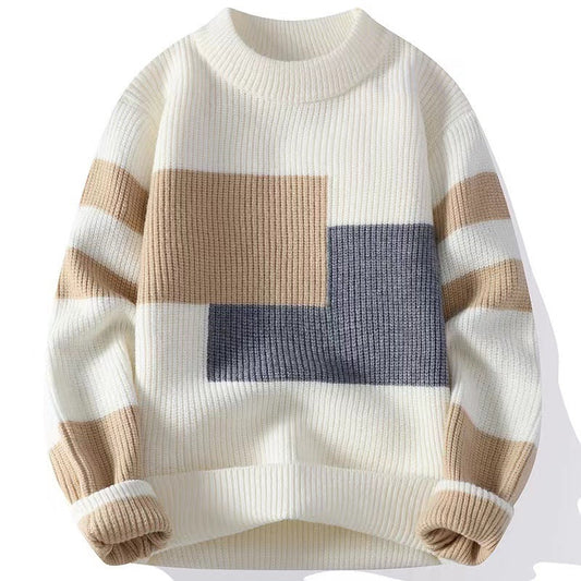 Men's Autumn Sweater in Knit with Block Patchwork and Crew Neck – Knit Style