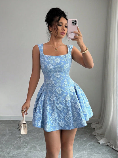 Women's Mini Dress with Floral Print and Flared Design – Casual Summer Dress