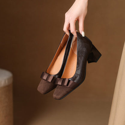 Women's Low Block Heel Pumps with Front Bow and Padded Insole – Elegant Shoes