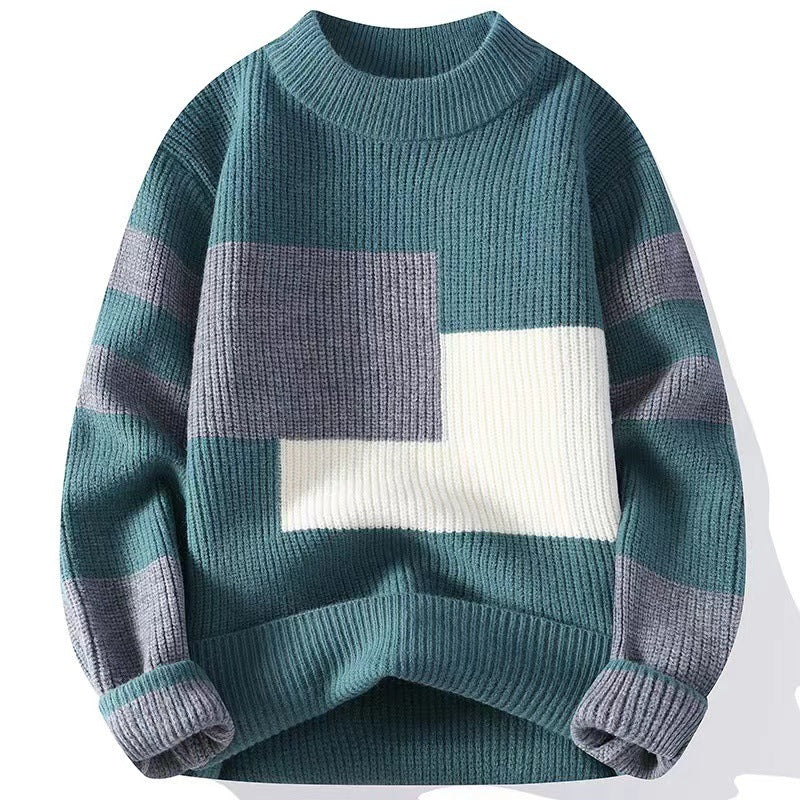 Men's Autumn Sweater in Knit with Block Patchwork and Crew Neck – Knit Style