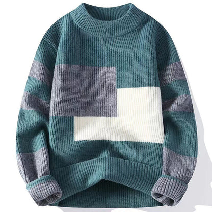 Men's Autumn Sweater in Knit with Block Patchwork and Crew Neck – Knit Style