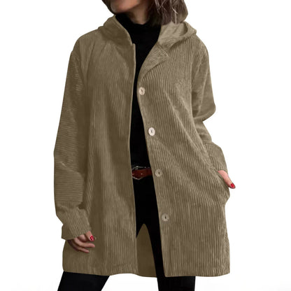 Women's Autumn Corduroy Jacket with Hood and Pockets – Solid Color