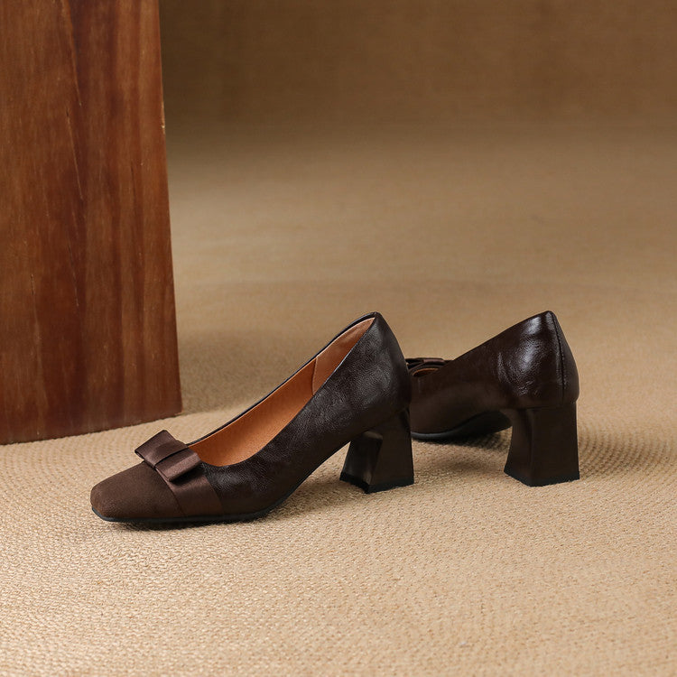 Women's Low Block Heel Pumps with Front Bow and Padded Insole – Elegant Shoes