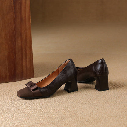 Women's Low Block Heel Pumps with Front Bow and Padded Insole – Elegant Shoes